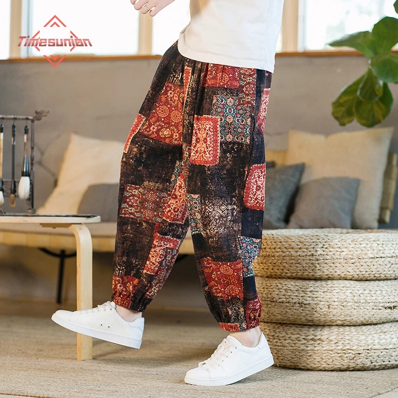 

Men Harem Pants Joggers Printed Drawstring Drop-Crotch Trousers Men 2024 Summer Loose Streetwear Cotton Linen Casual Pants