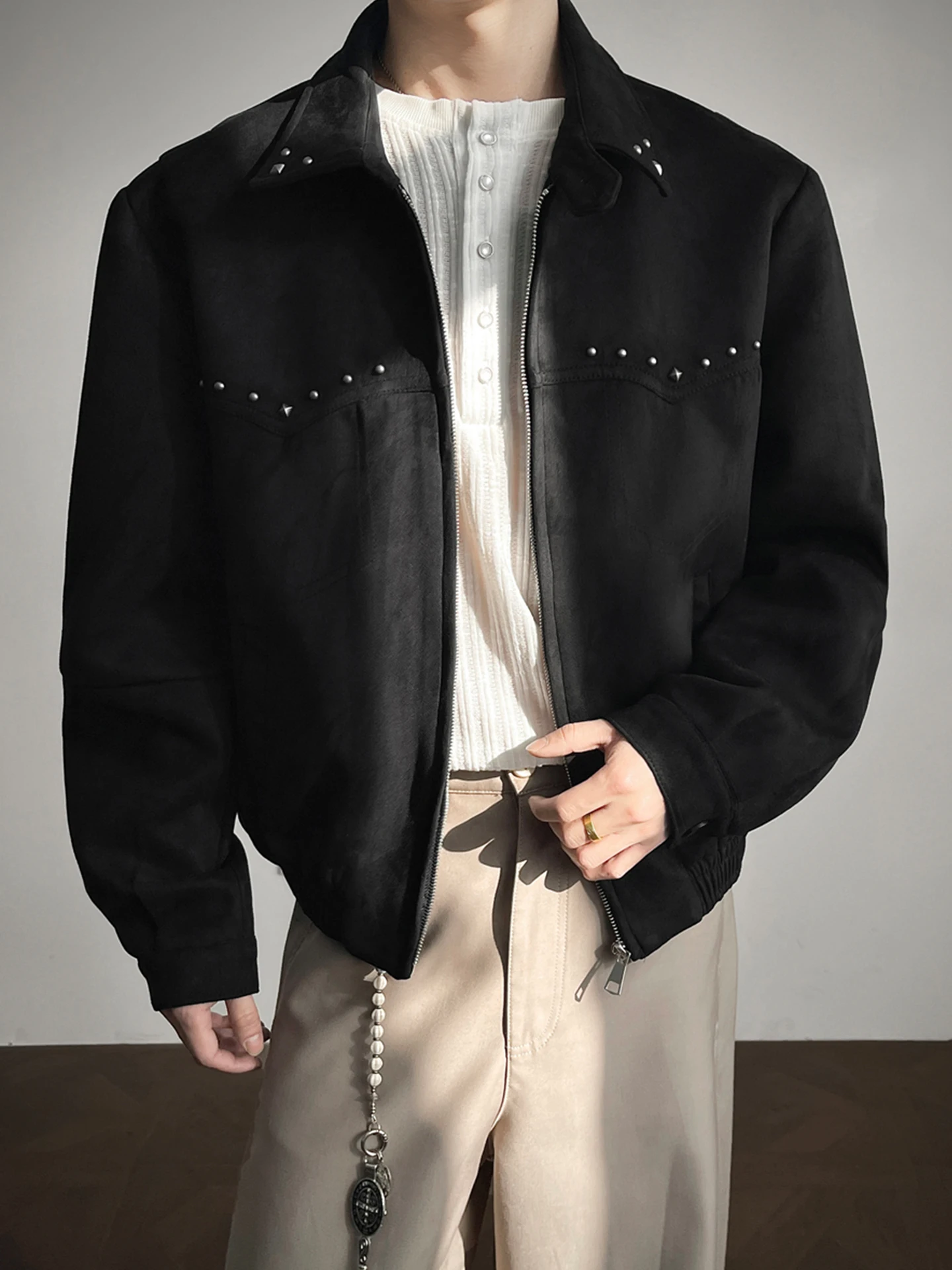 

American Sle Loose Fit Suede Jaet with Rivet Patchwork Collar Men's Spring Casual Outerwear Trendy ort Top