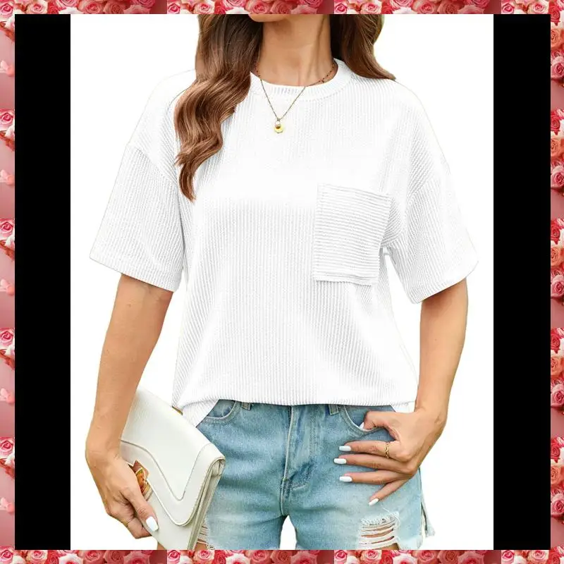 Dames zomertopjes met korte mouwen Oversized ronde hals Getextureerde blouse Casual Basic Tuniek T-shirt