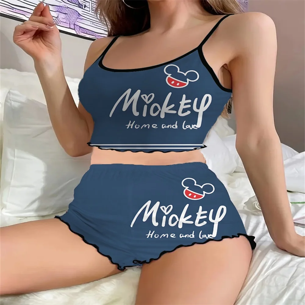 

Mickey Pattern Print Women's Nightwear Sexy Charming Female Sleepwear New Two Pieces Set of Summer Sleevesless Pajama for Women