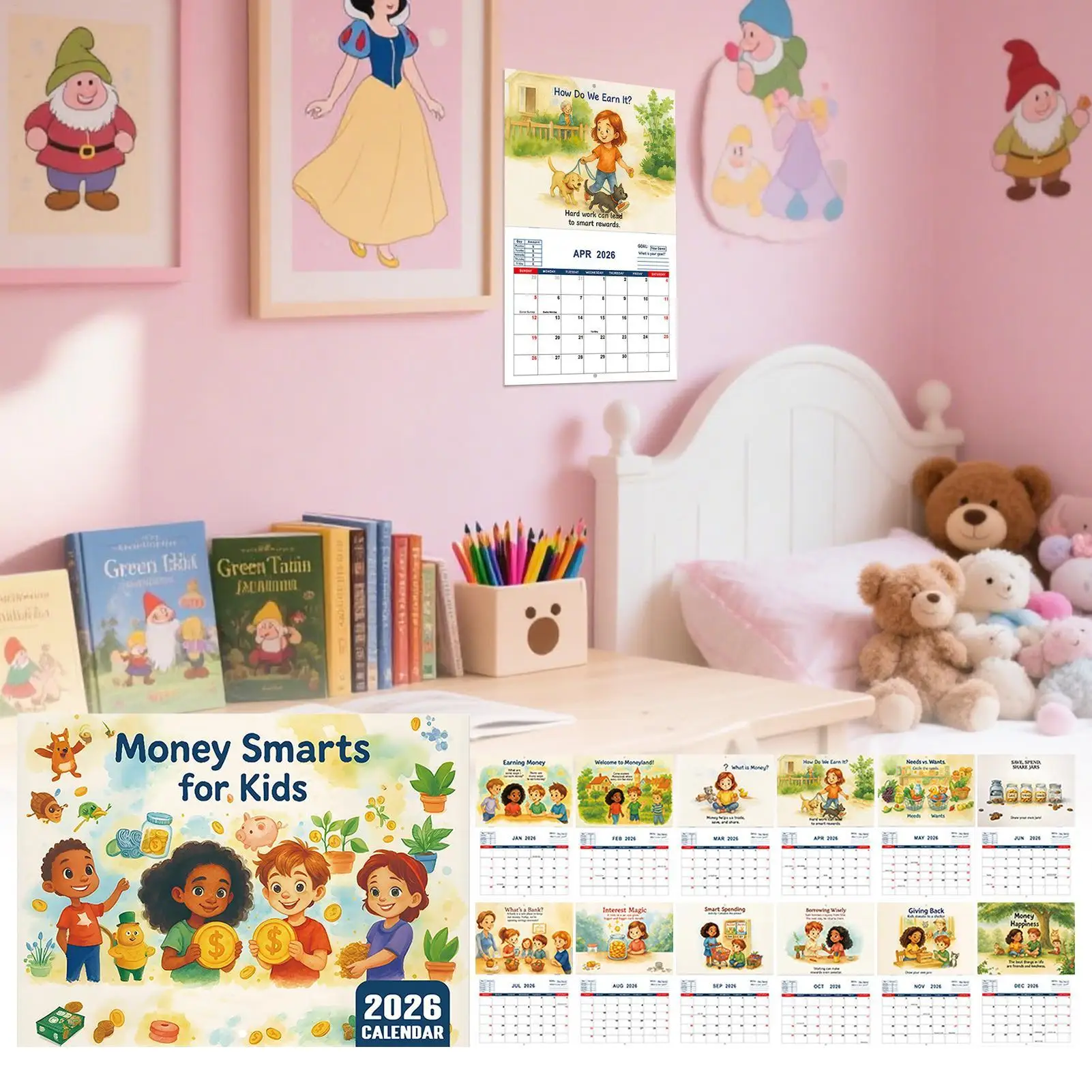 2026 Calendario per bambini Aula Calendario dei soldi per bambini Planner interattivo dei cartoni animati per l'aula scolastica Camera da letto Soggiorno