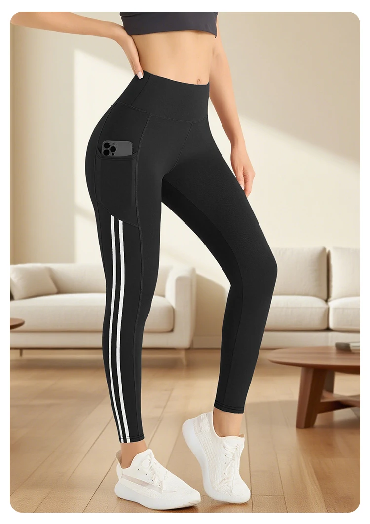 Ladies High-Waist Casual Leggings with Side Pockets Phone-Safe Classic Black-White Stripes Everyday Sporty Bottoms