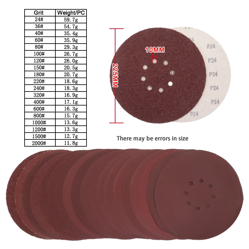 9 Inch 8 Hole Sanding Discs 5 Pcs Hook and Loop Sandpaper Assorted 40-400 Grit for Polishing and Grinding Metal Woodworking
