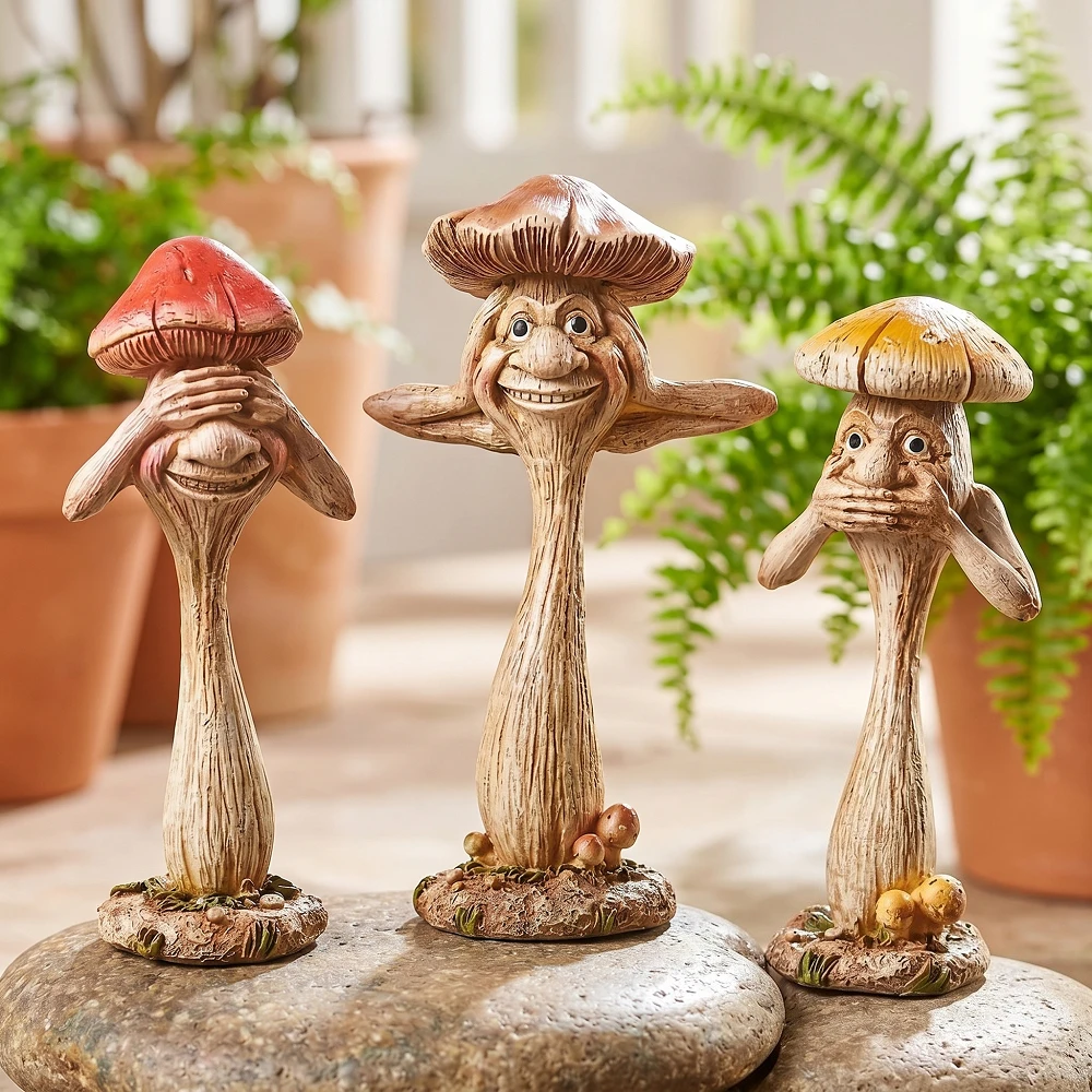3PCSWhimsical Mushroom People Figurines Set Fairy Tale Spooky Garden Sculpture, Quirky Cottagecore Home Decor & Office Ornaments