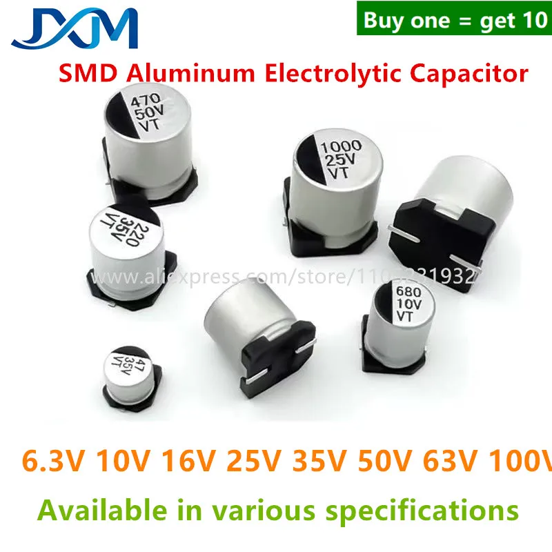 10pcs/lot SMD Aluminum Electrolytic Capacitor 6.3V 10V 16V 25V 35V 50V 63V 100V 2.2 4.7UF 10 22 33 47 100 220 330 470 680 1000UF