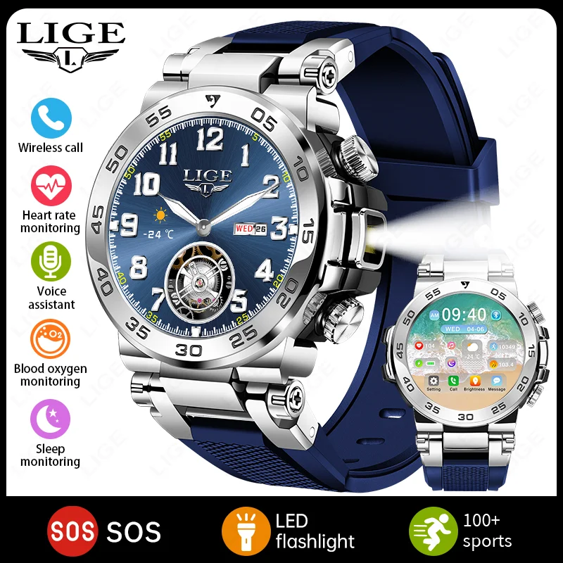 2026 New Outdoor Sports Smart Watch Men 1.53'' Screen LED Flashlight Heart Rate Monitor Bluetooth Call Waterproof Smartwatch Man