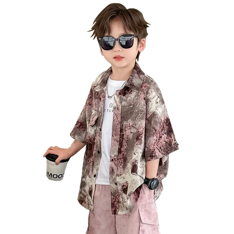 New Summer Baby Kids Tie Dye Floral Print Shirt	for Boys High Fashion Streetwear Outfit Children Short Sleeve Flower Blouse 2-11