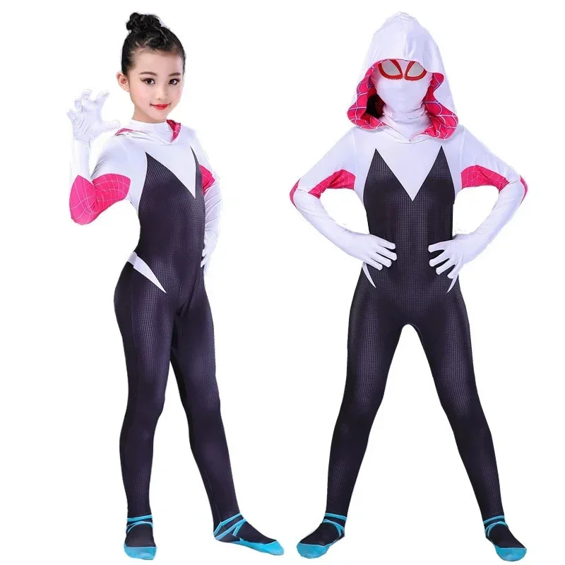 2025 Halloween Meisjes Gwen Stacy Kostuum Anime Superheld Spider Gwen Cosplay Zentai Bodysuit Paarse Mantel Halloween