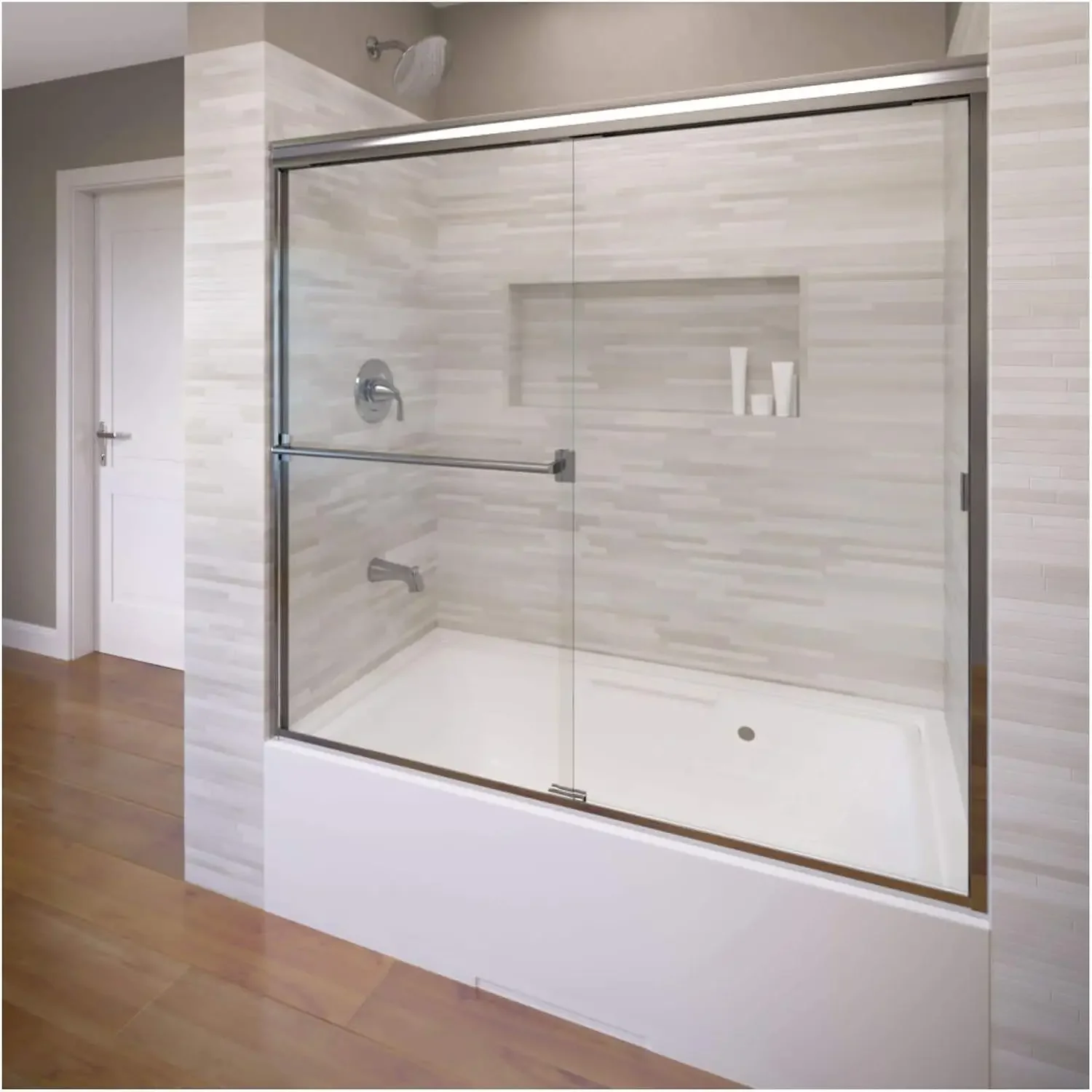 Classic Semi Frameless Sliding Tub Door Fits Opening Clear Glass Silver Finish This door can be applied to any bathtub material