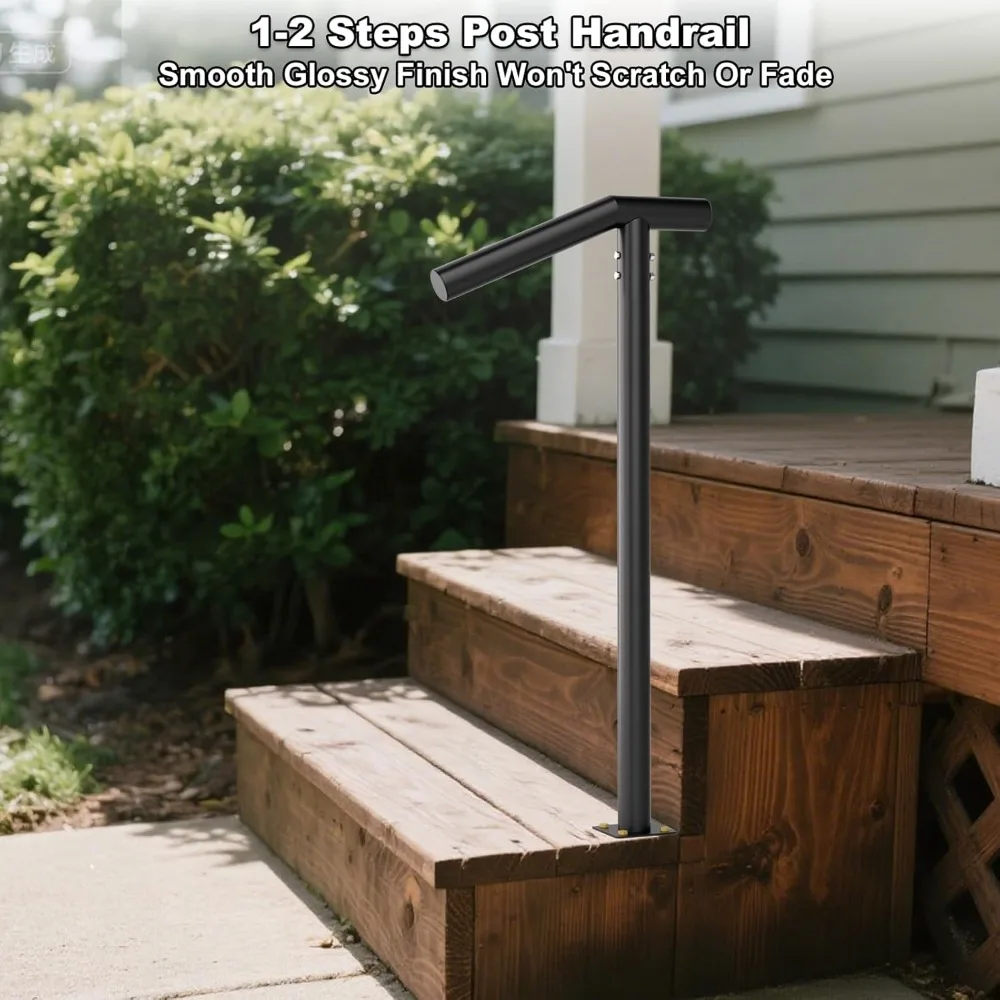 درابزين فردي بخطوة 1-2 - حاجز درج خارجي - درابزين حديد مطاوع واحد مع مجموعة أدوات DIY، مسحوق حاجز يدوي أسود 38 ساعة #2