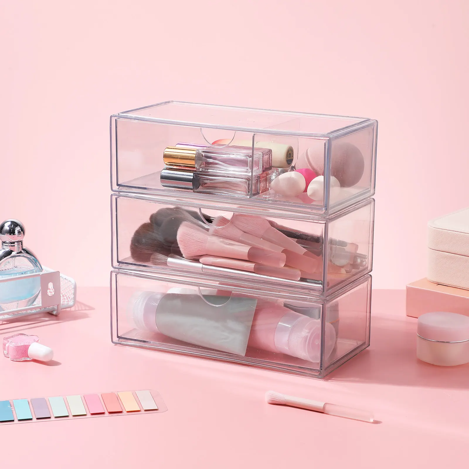 3Pcs Clear Makeup Organizer Storage Box Lidded Vanity Desktop Cosmetics Holder Cotton Pad Container Stackable Acrylic