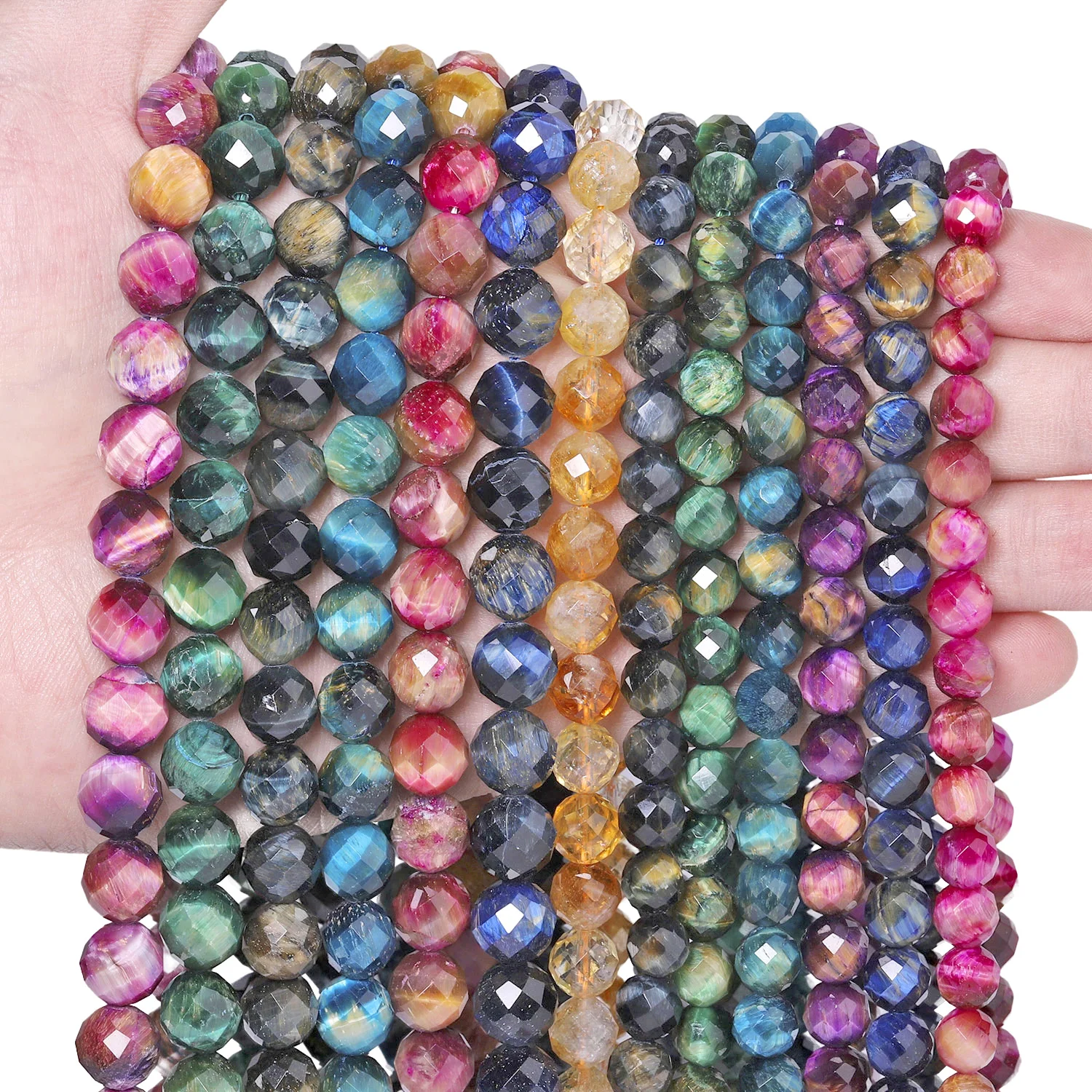 Großhandel Mehrfarbige Natürliche Tigerauge-Steinperlen AAA Facettierte Runde Lose Perlen für Schmuckherstellung DIY Armband Zubehör