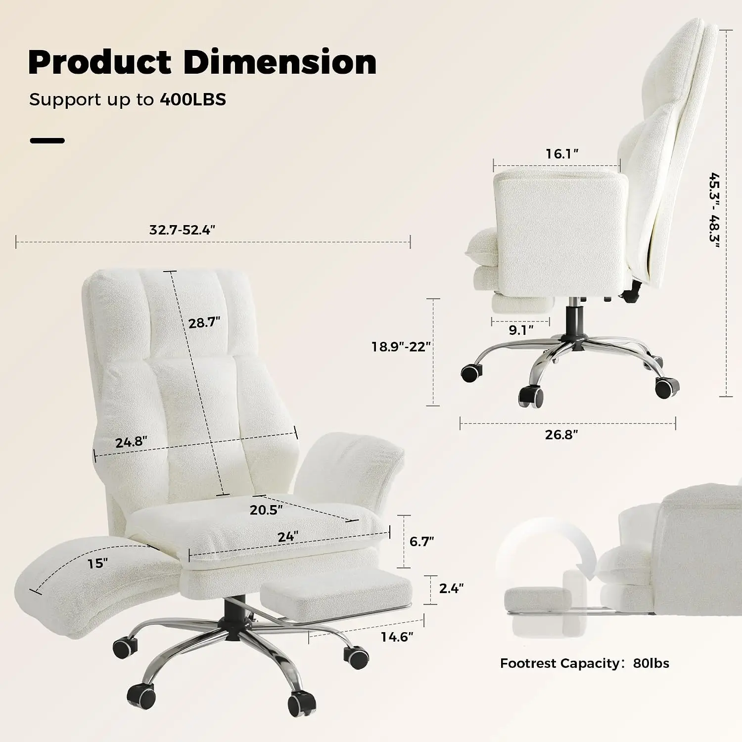 Big And Tall Office Chair With Flip Armrests Wide Executive Ergonomic Computer Gaming Chair With Retractable Footrest Reclining Plush Teddy Fleece Desk Vanity Chair White