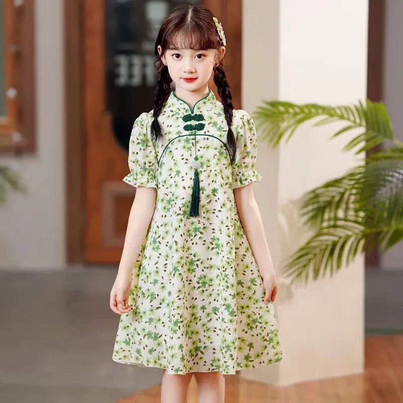 2024 new summer Kids Girls solid chinese Cheongsam green Floral Qipao Princess Teenager Dresses Clothing  4 5 8 9 10 12 Years