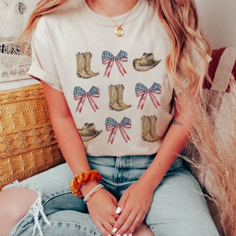 Women Cute Coquette Bow 4th of July T-Shirts Cowgirl Vintage Western Graphic Tees American Independence Day T Shirt Female Tops