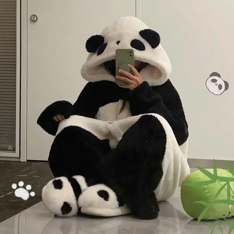 Panda Cute Hooded Women Bathrobe Autumn Winter Robes Animal Nightgown Halloween Cartoon Pajamas Robe Pants Fleece Girls Homewear