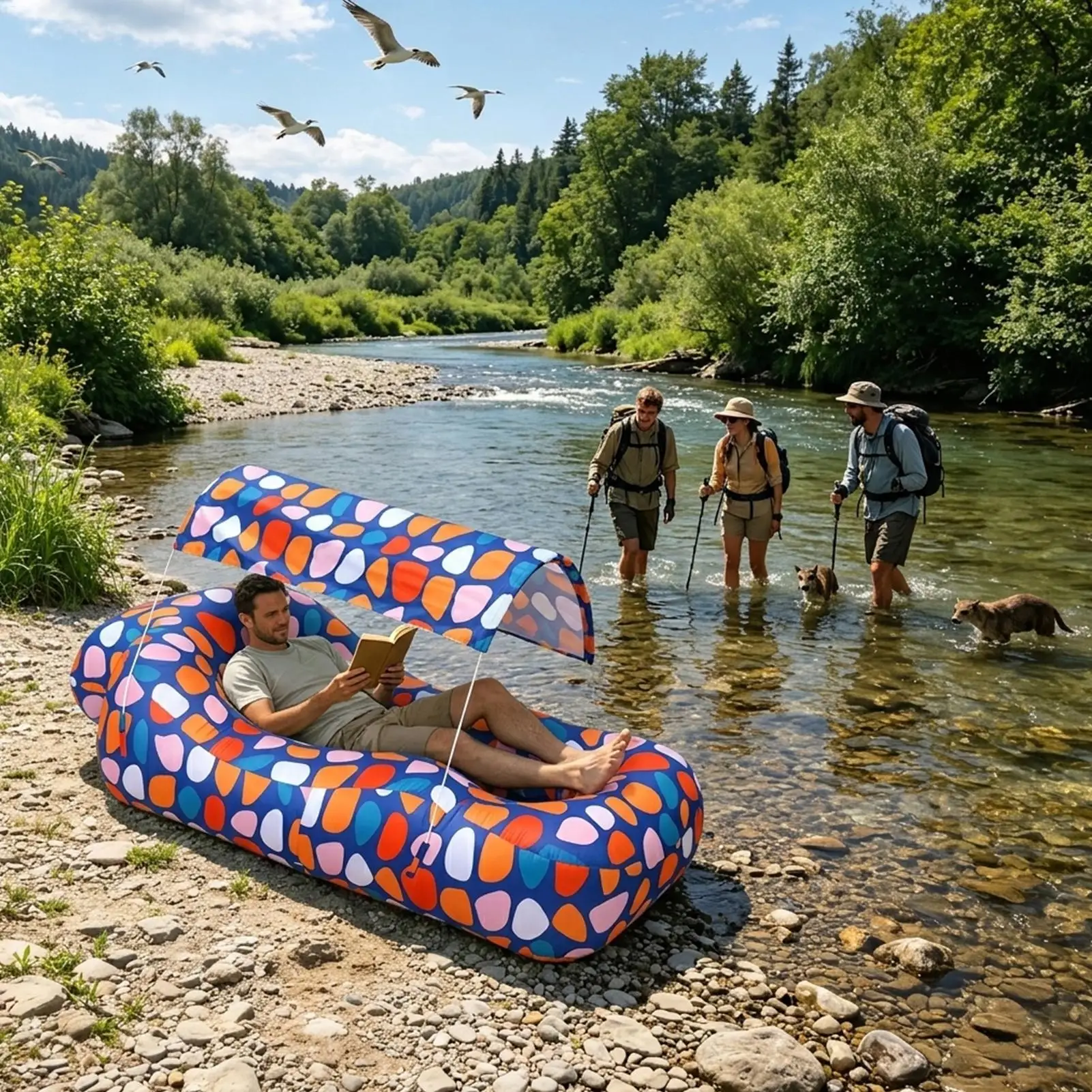 Inflatable Air Lounger Travel Air Sofa With Sunshade Backyard Pool Lounger For Outdoor Camping Hiking Picnic Vacation Backyard