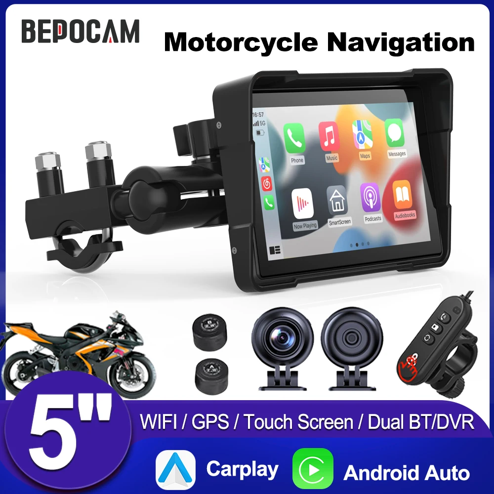 

BEPOCAM 5'' Motorcycle Carplay Portable Navigation GPS Wireless Carplay Android Auto IP67 Waterproof Moto Touch Screen Display