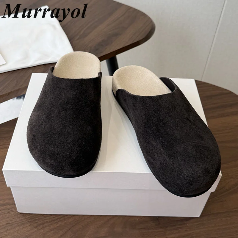 Flat Thick Sole Lazy Mules Women Cow Suede Closed Toe Half Slippers Ladies Spring Autumn Outdoor Vacation Walking Shoes 2026
