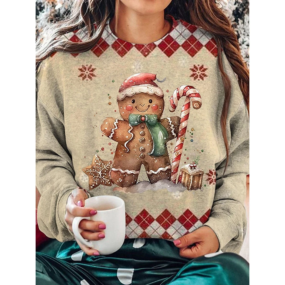 Women's Casual Cartoon Print Christmas New Year Autumn And Winter Warm Pullover Sweatshirt Casual Loose Fitting Long Sleeved Top