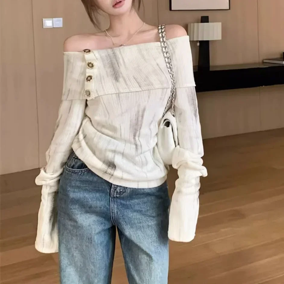 Women's Long Sleeve Top Spring Autumn New Knitwear Off Shoulder Top Women Y2k Clothes Korean Style Fashion Women's Clothing 2024