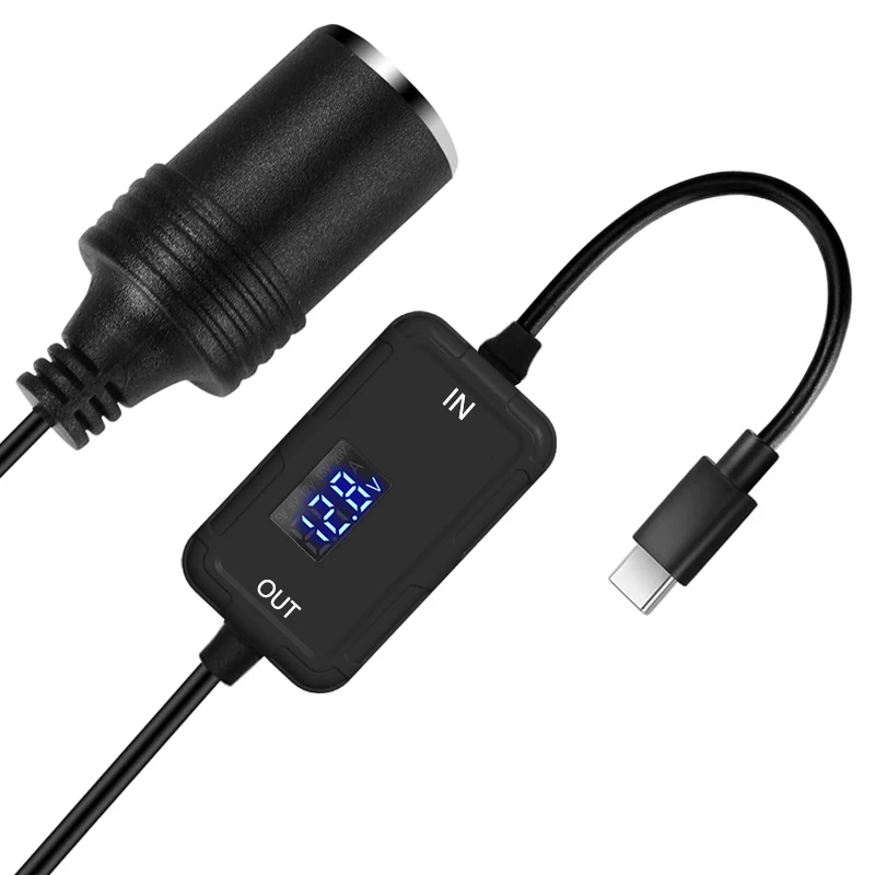 Elough Type-C to Cigarette Lighter Female Socket 5V 12.8V Adjustable Voltage Converter Power Adapter PD Cable Extender