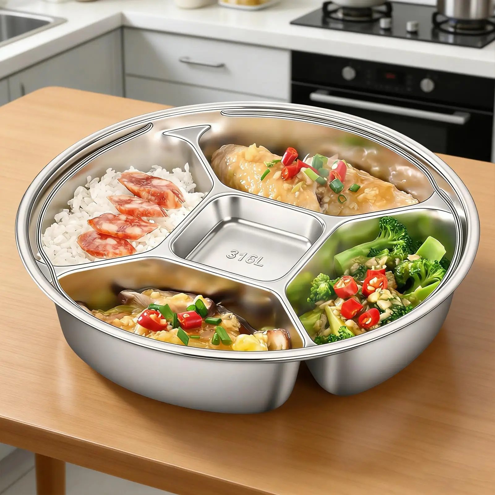 Divided Serving Tray Stainless Steel Food Steaming Platter with Handle Sectional Fruit Tray for Home Apartment Parties Family