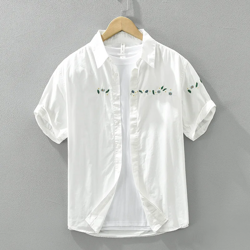 

Japanese Sle Casual Embroidered ort Sve Men's irt Loose Fit Artistic Faionable Versatile Cotton Plain Color