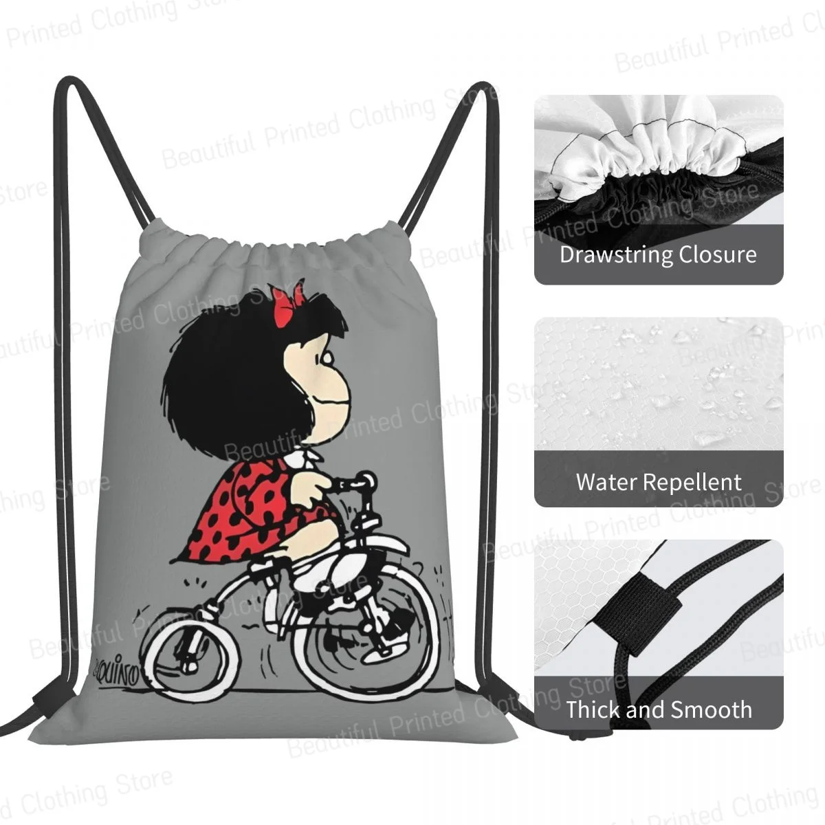 Mafalda Como Siempre Bolsas com cordão dobrável para ginástica esportiva portátil resistente à água