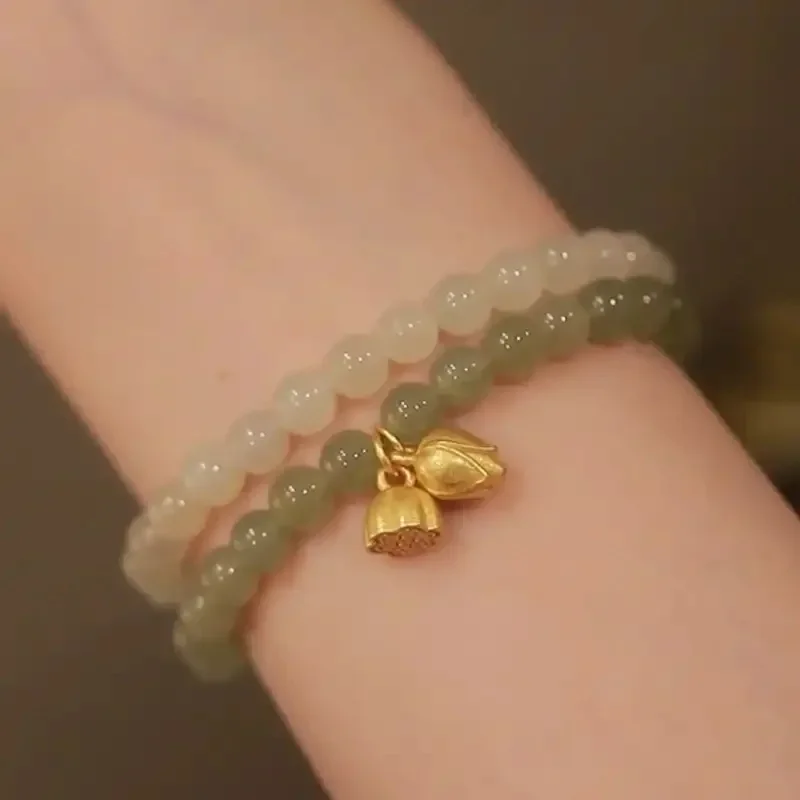 

Free shipping Lotus bracelet women 6mm single ring he tian jade, green white jade hand string natural small fresh ornaments gift