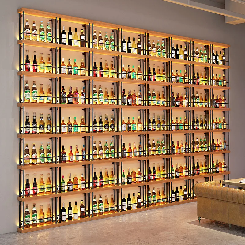Restaurant bar wall hanging against the wall red wine rack wrought iron wine column partition winery floor-to-ceiling luminous