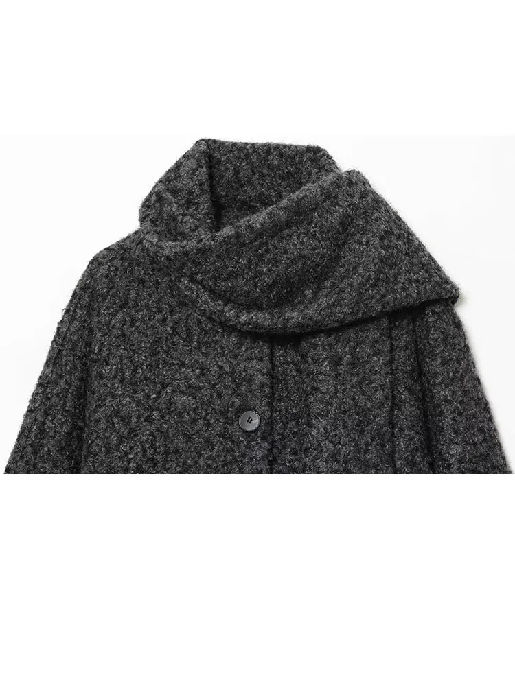 HH المرأة Bouclé وشاح من القماش طوق واحدة الصدر عادية كم طويل فضفاض معطف قصير الخريف موضة الصلبة نمط الشارع معطف