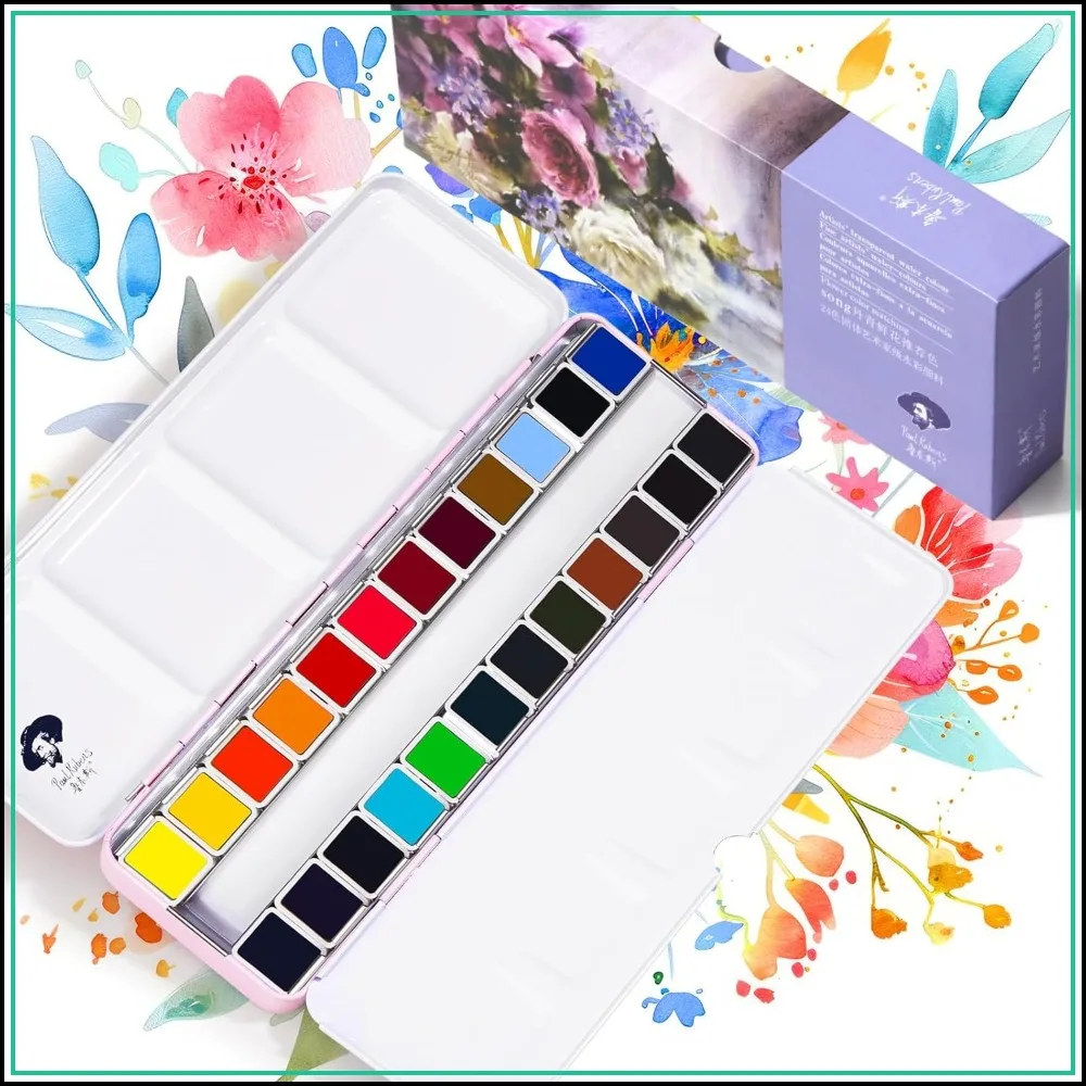 

24 Vivid Floral Watercolor Paint Set, Portable Metal Box for Artists & Beginners