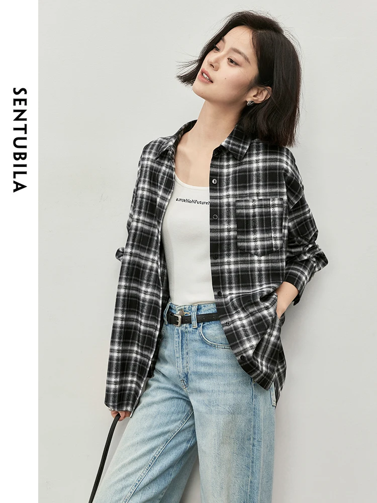 SENTUBILA Women Patchwork Loose Shirt   2024 Autumn Fashion Casual Turn Down Collar Long Sleeve  Blouse 143C56458