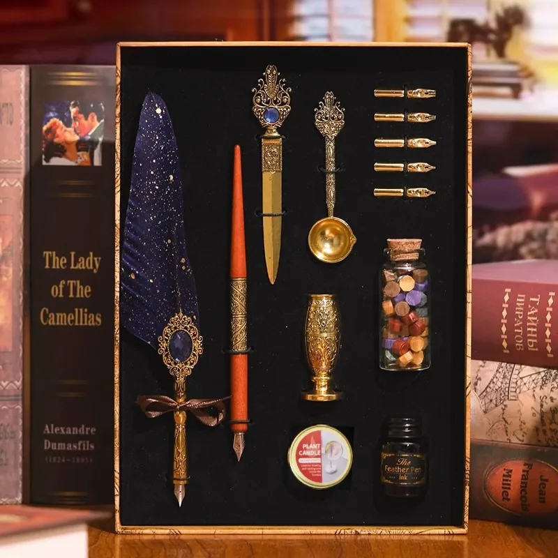 Retro Style Magic Gemstone Feather Pen Set, Vintage Dip Pen with Wax Seal Kit & Ink, Gift Box for Birthday