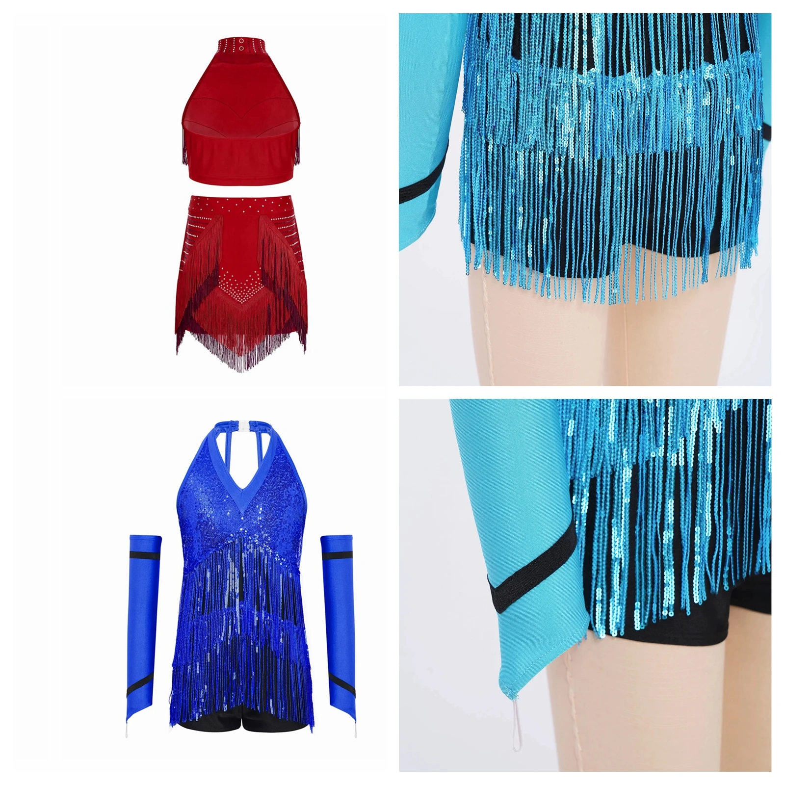 Kids Girls Tassel Leotard with Gloves Outfit Ballroom Dancewear Tango Samba Sequins Latin Jazz Salsa Dance Jumpsuit Dress