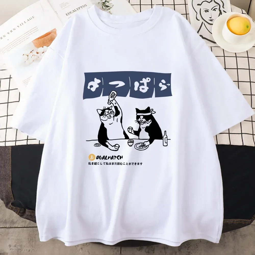 

Summer men's Japanese street cartoon fun Harajuku 100% pure cotton drinking cat pattern printed T-shirt Hip-hop clothing