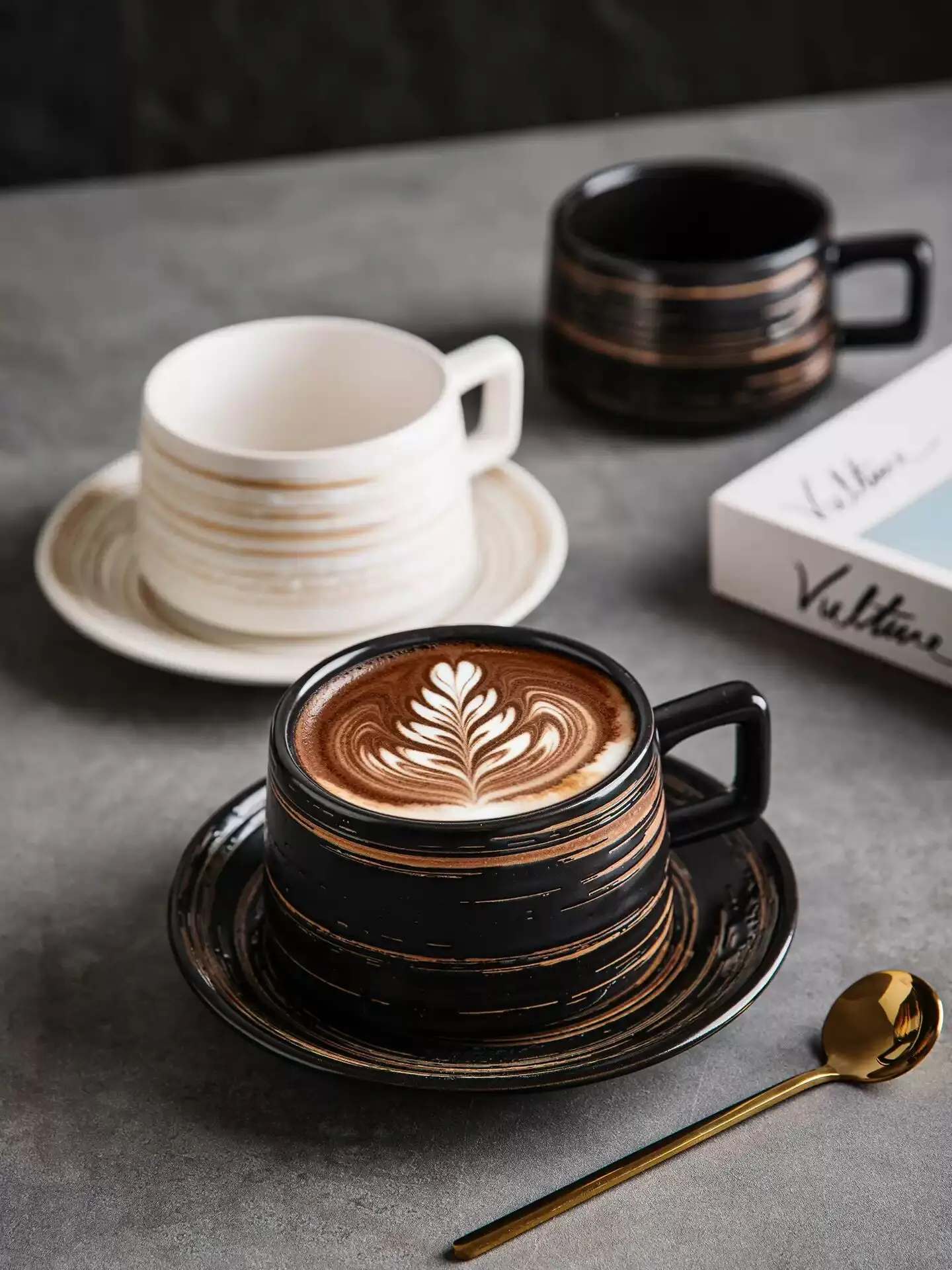 300ml Ceramic Coffee Cup and Saucer Set with Gold Spoon Modern Striped Design for Latte Cappuccino Home Office Gift