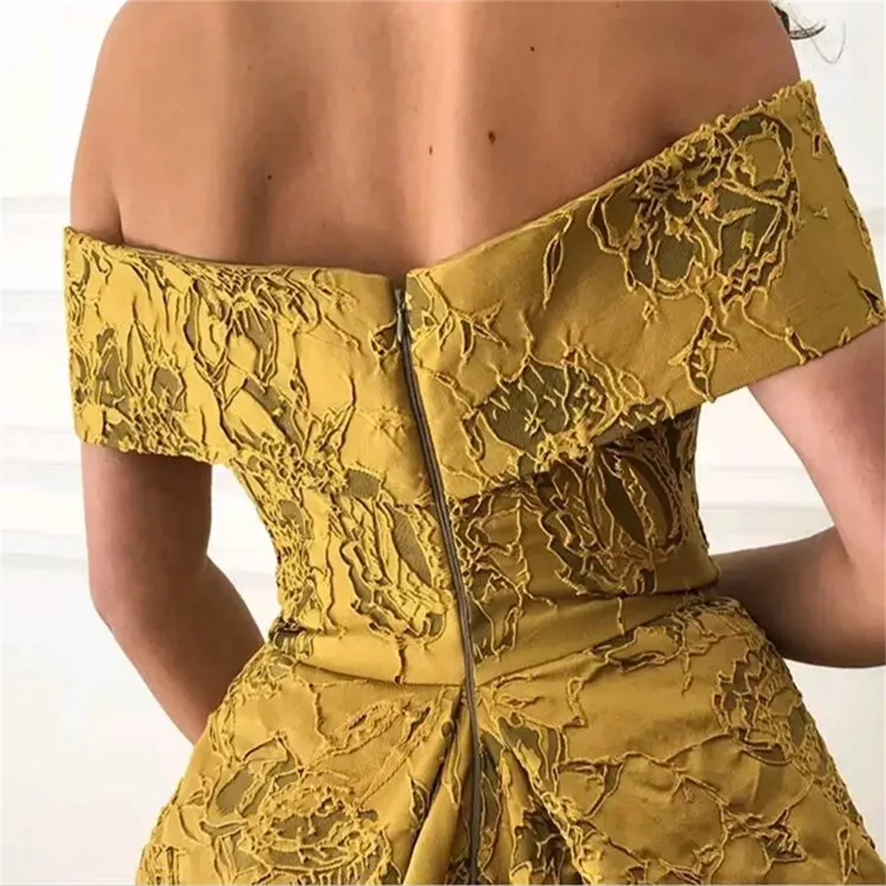 Customize 3 Color Embossing Floral Long Evening Party Dresses Elegant Off Shoulder Front High Slit Saudi Arabia Gold Formal Gown