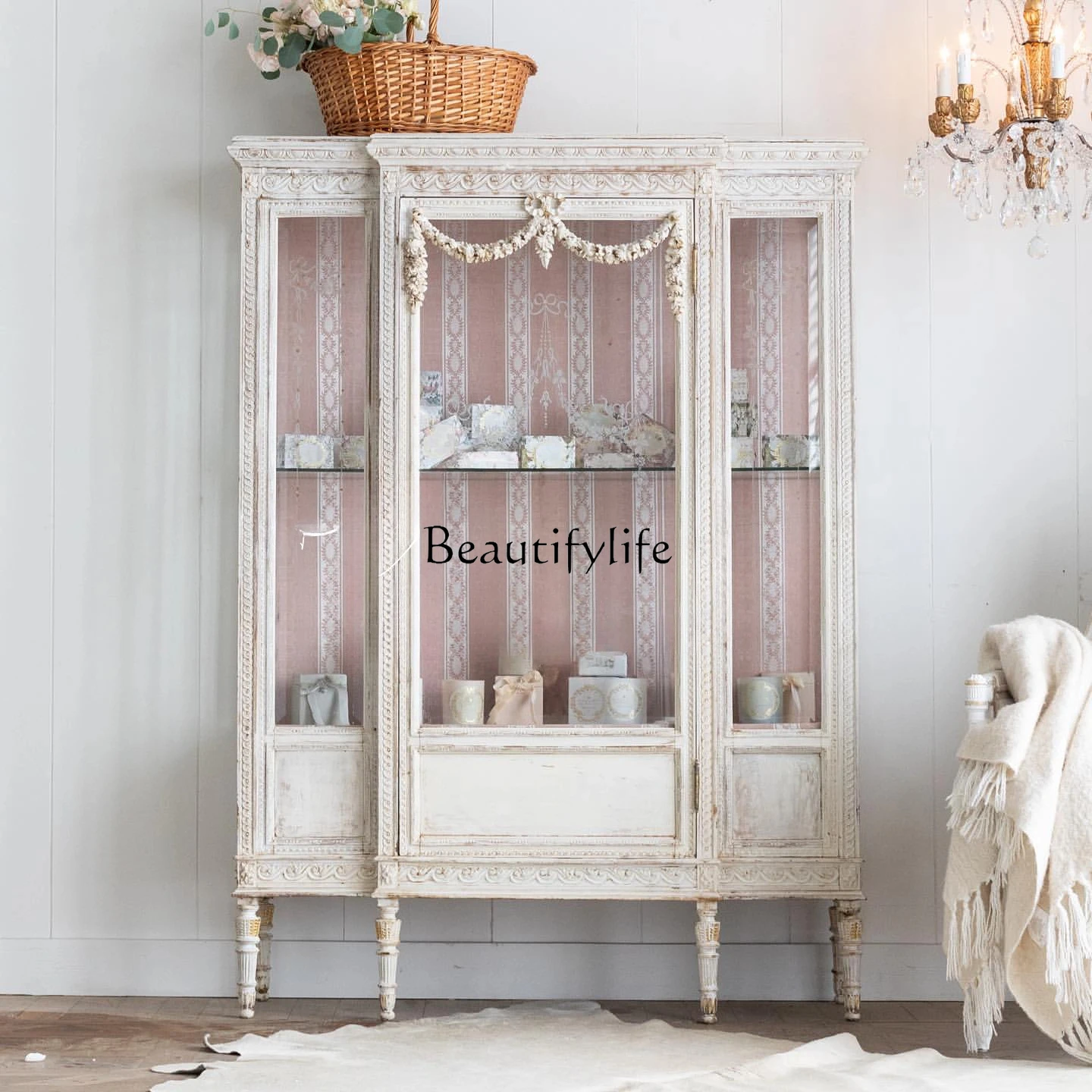 

French Antique-Style White Distressed Solid Wood Carved Sideboard Single Door Decorative Cabinet High-End Furniture