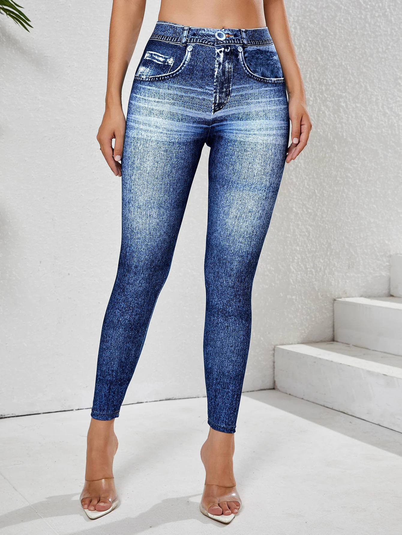 Women High Waisted Denim Look Print Cuffed Leggings Slim Fit Stretch Pants Spring Summer Sports Gym Workout Fitness Casual Wear