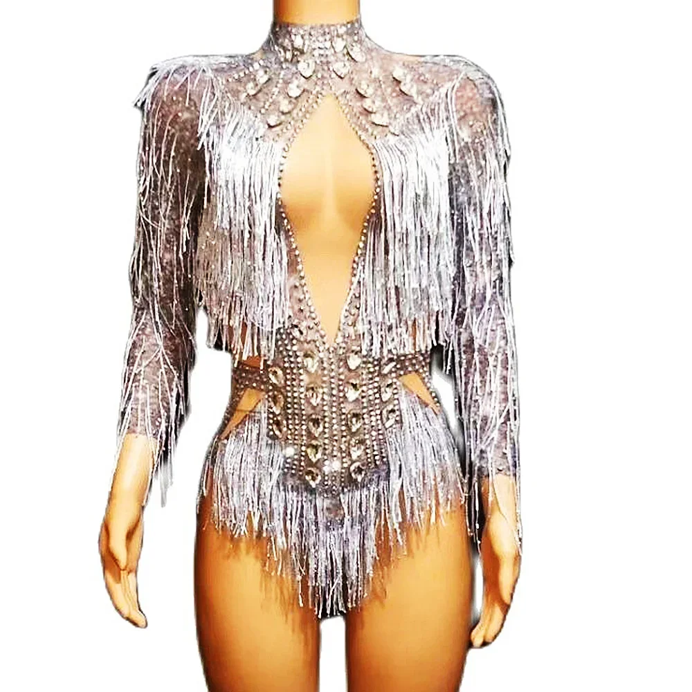 Sexy Shining Silver Tassel Women Bodysuits Jazz Dance Tight Stretch Rhinestones Long Sleeve Jumpsuit Stage Performance Clothes