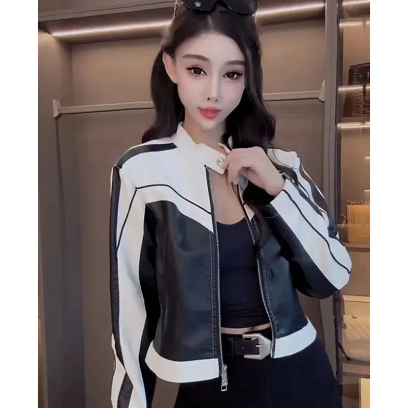 Spring Autumn New Contrast Lines Stitching Pu Leather Coat Women Loose Joker Stand Collar Explosions Short Leather Jacket