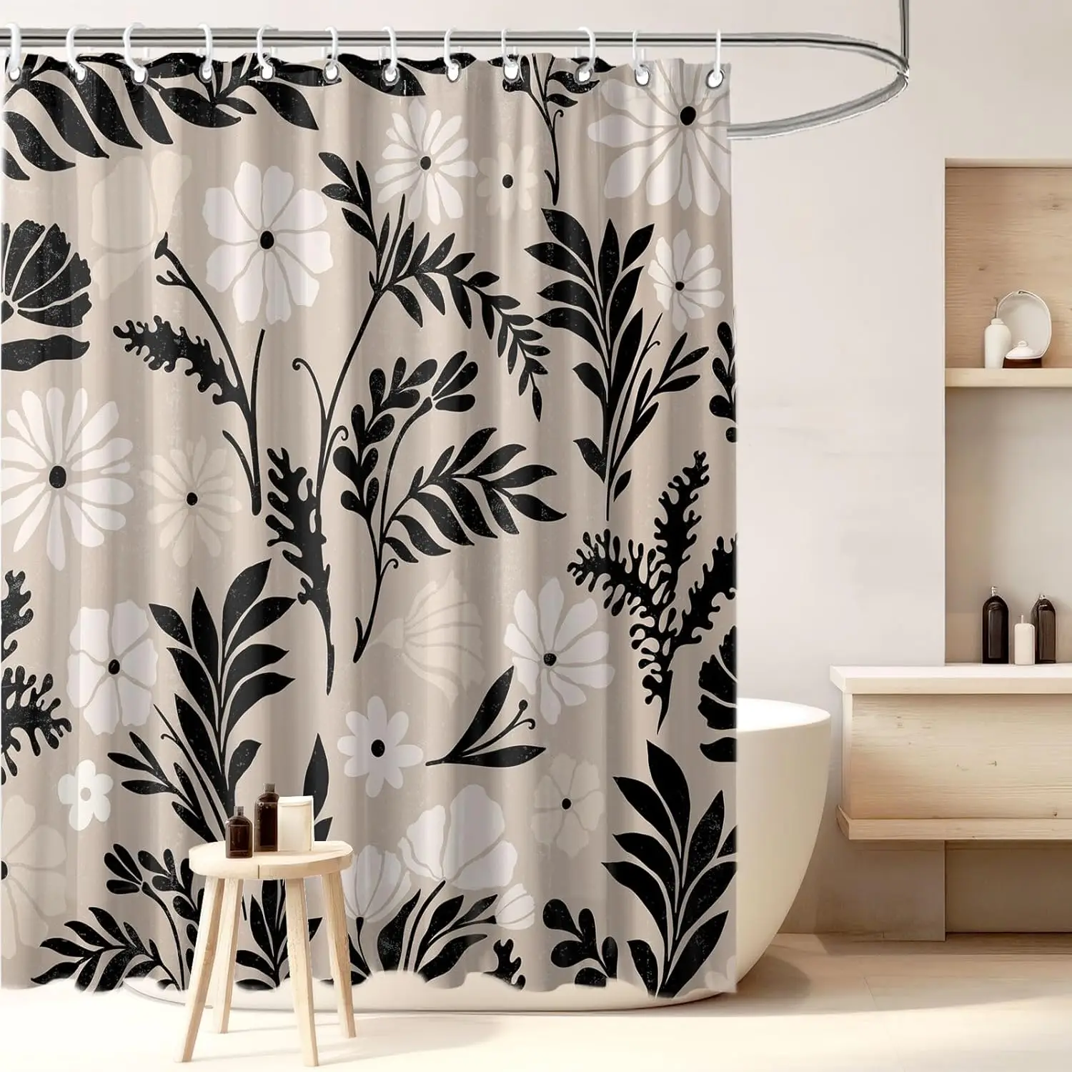 Boho Retro Floral Shower Curtain, Matisse Groovy Black Botanical Farmhouse Bohemian Waterproof Bathroom Decor Curtain With Hooks