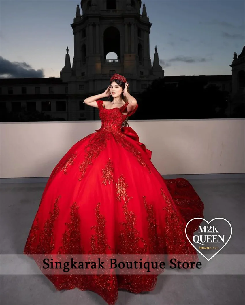 Exquisite Red Sequins Appliques Quinceanera Dress Ball Gown Beads Crystals Pearls Bow Vestido Princesa Court Train Customized 