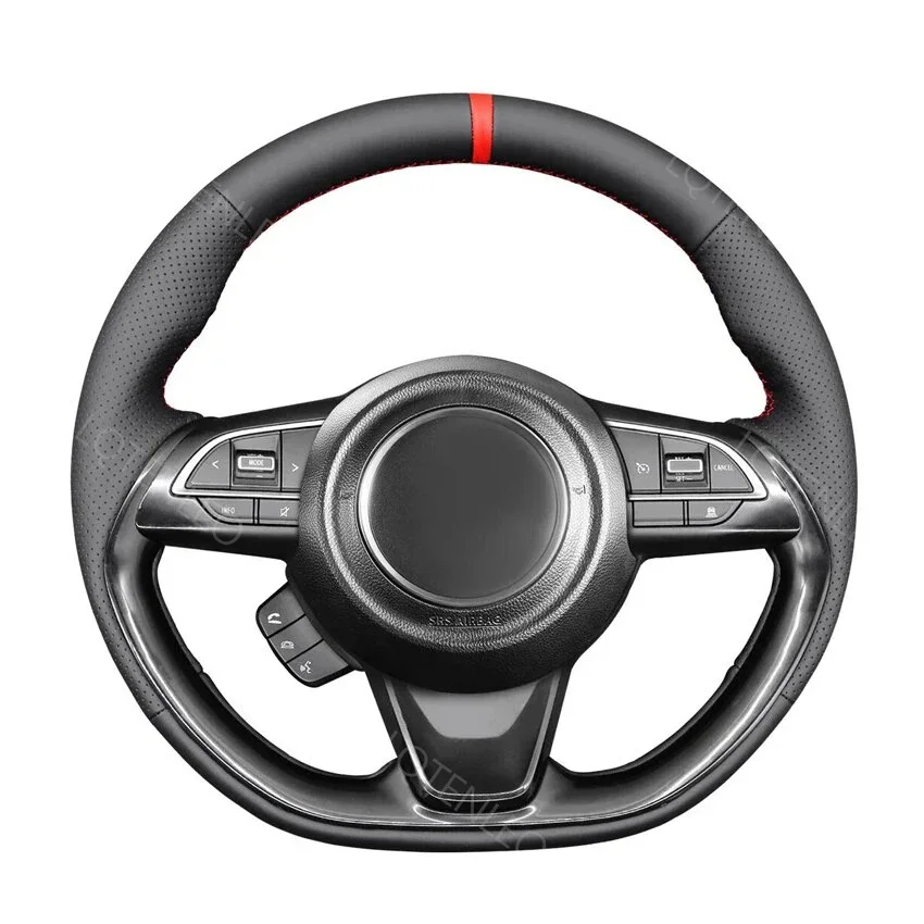 Schwarzes Kunstleder, handgenäht, bequem, rutschfest, weich, Auto-Lenkradbezug, Zöpfe für Suzuki