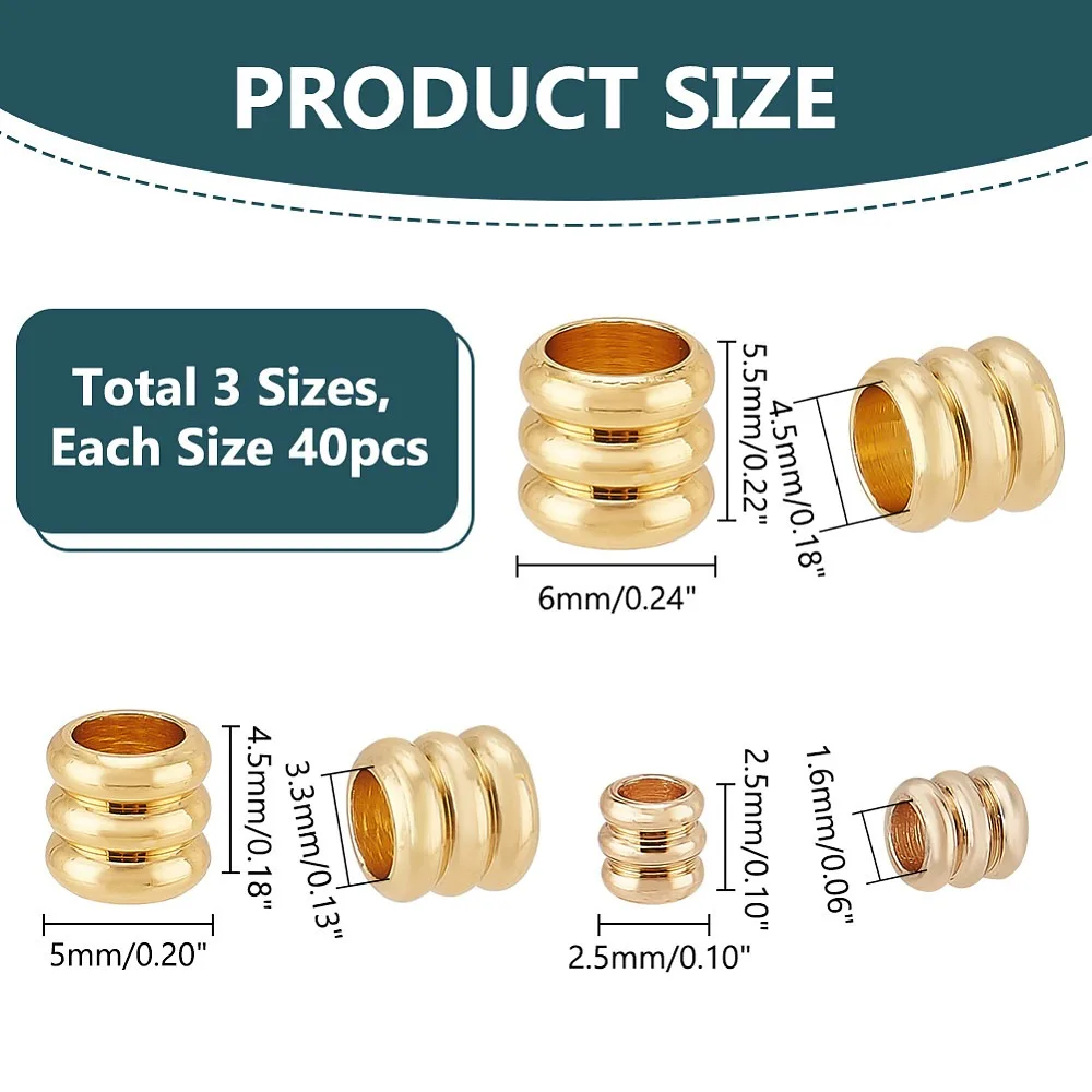 120pcs 14K Gold Plated Beads Column Spacer Beads 3 Sizes Brass Grooved Tube Beads Lanyard Beads Metal Loose Spacer Beads