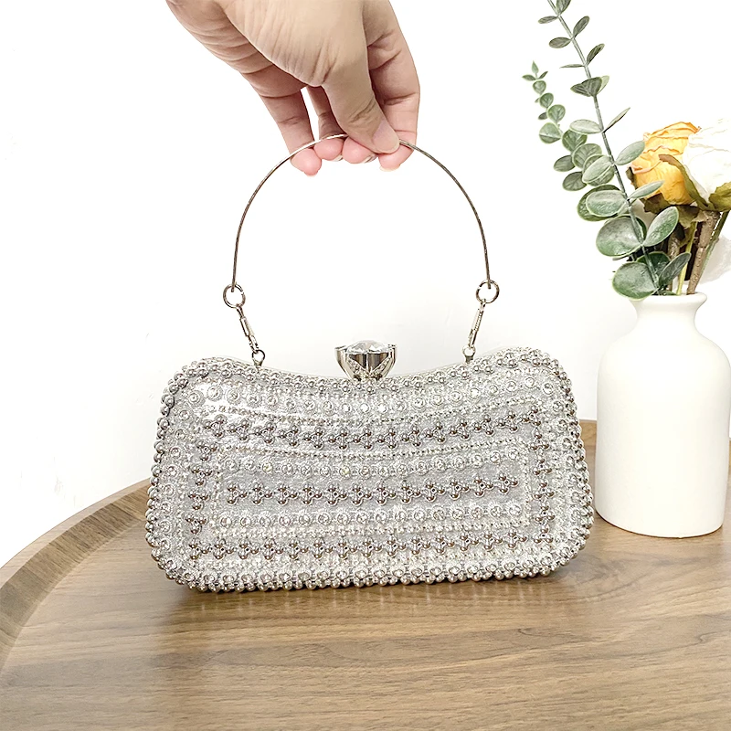 

Luxury Diamonds Glitter Evening Bags Silver Color Wedding Bridal Female Clutch Box Bag Vintage Style Beading Lady Chain Handbags
