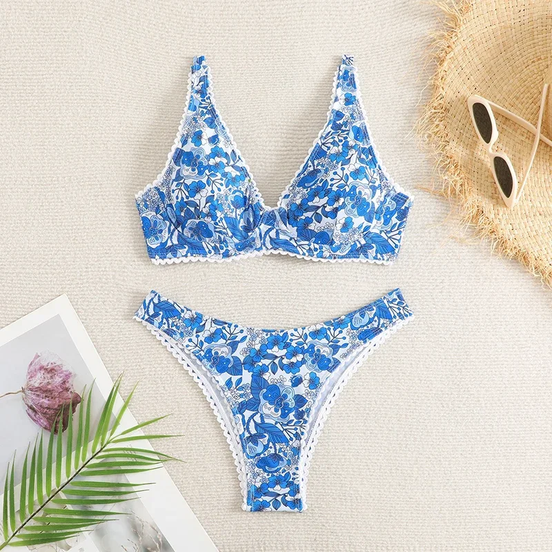 Elegant Floral Pattern Swimsuit Women Bikini Push Up Patchwork Lace Edge Triangle Thong Bikini Set 2025 New Sexy Lady Beachwear