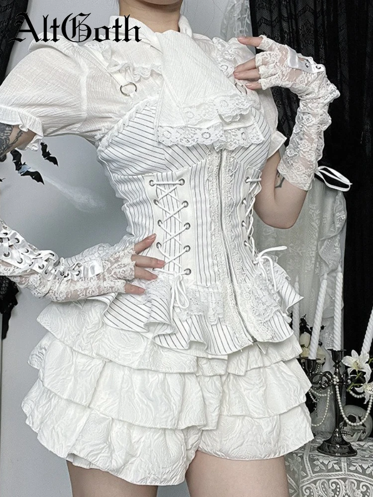 

AltGoth Palace Style Goth White Camisole Women Vintage Aesthetic Elegant Y2k E-girl Lace Patchwork Bandage Corset Crop Tank Tops